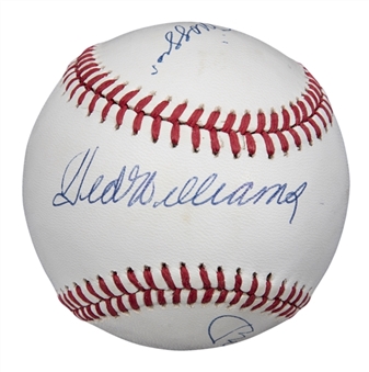 Ted Williams, Mickey Mantle & Joe DiMaggio Multi Signed OAL Brown Baseball (PSA/DNA)